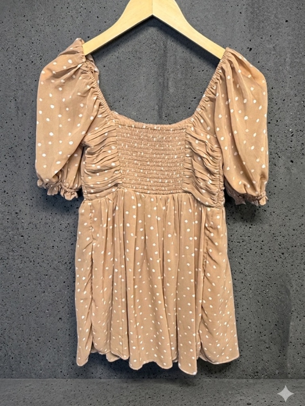 Abercrombie & Fitch Polka Dot Mini Dress Tan Brown Cream Puff Sleeve Smocked S